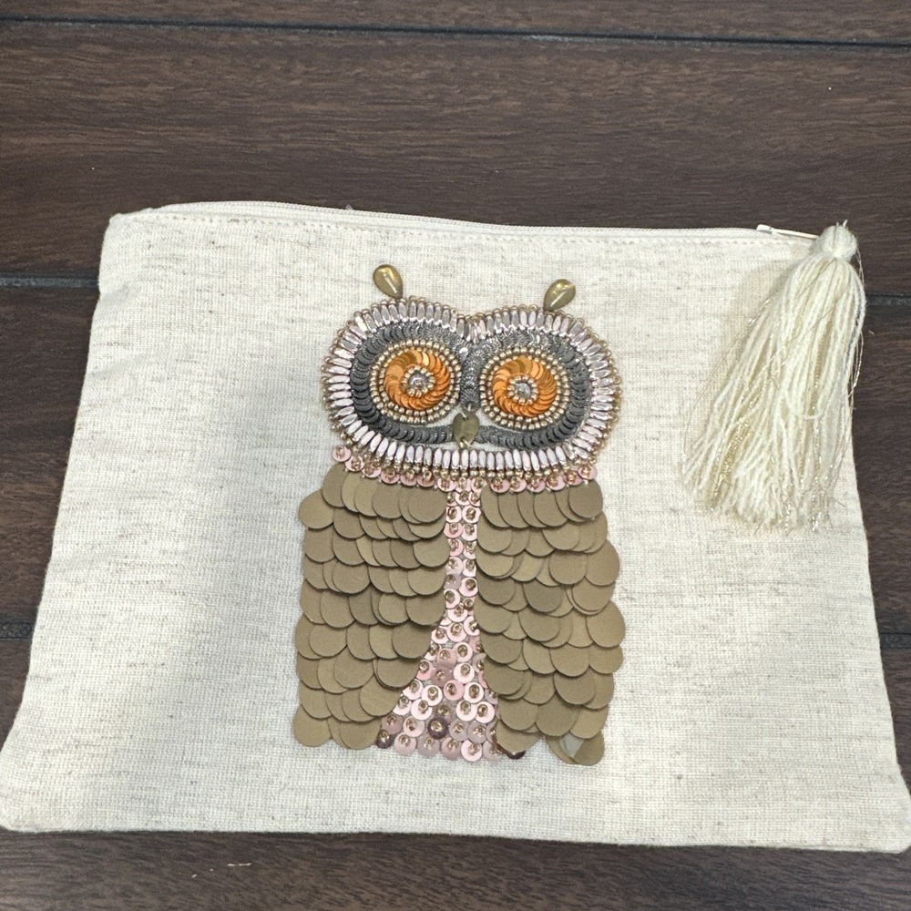 Made In India Beaded Owl Make‎ Up Bag 8x6 NWOT
